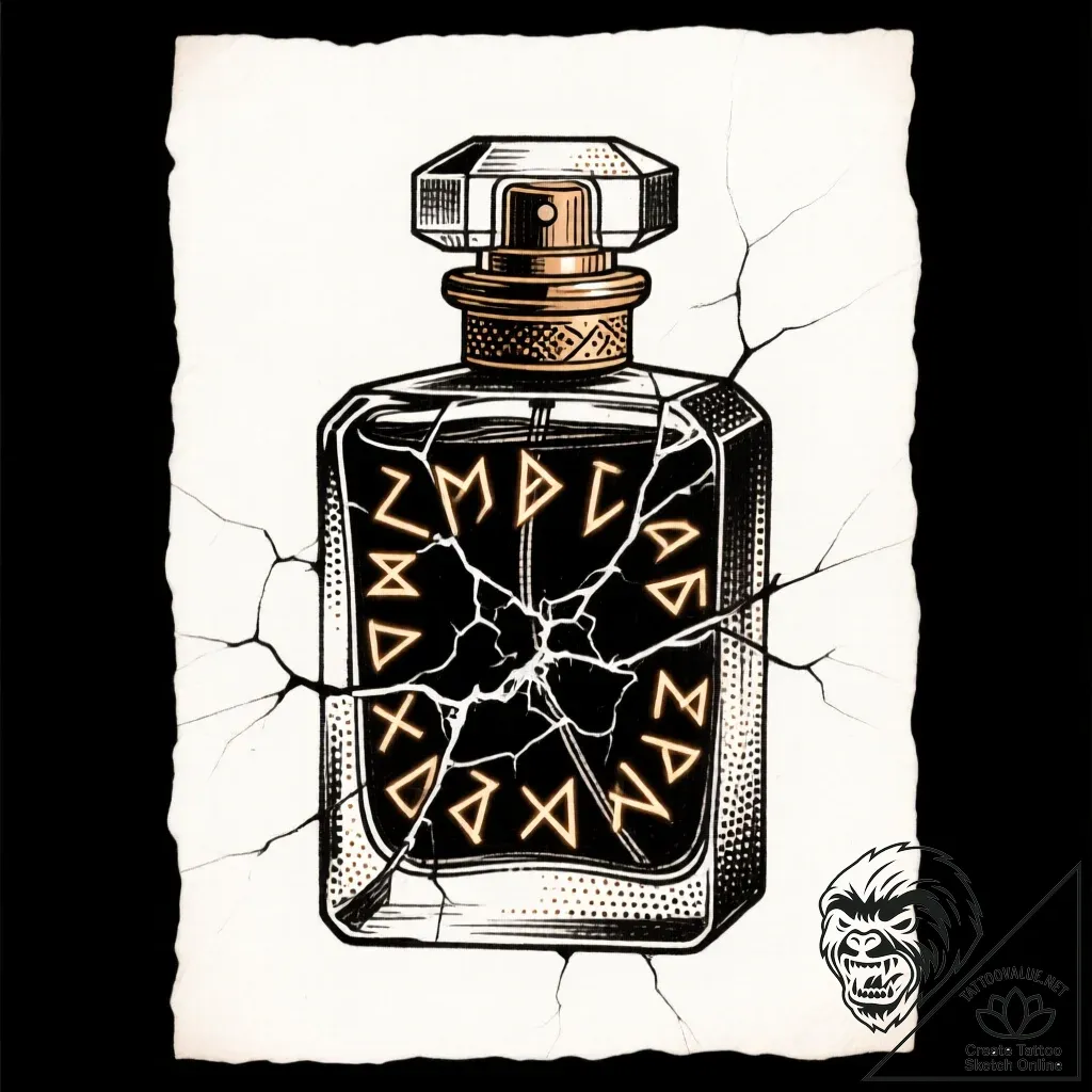 Perfume bottle cracked with runes, artistic t... - style Flux Inscriptions - tattoo sketch (13.11.2025 06:13)