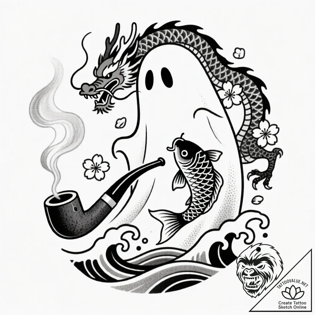 Smoking pipe with smoke forming a ghost, tatt... - style Flux Inscriptions - tattoo sketch (13.11.2025 06:37)