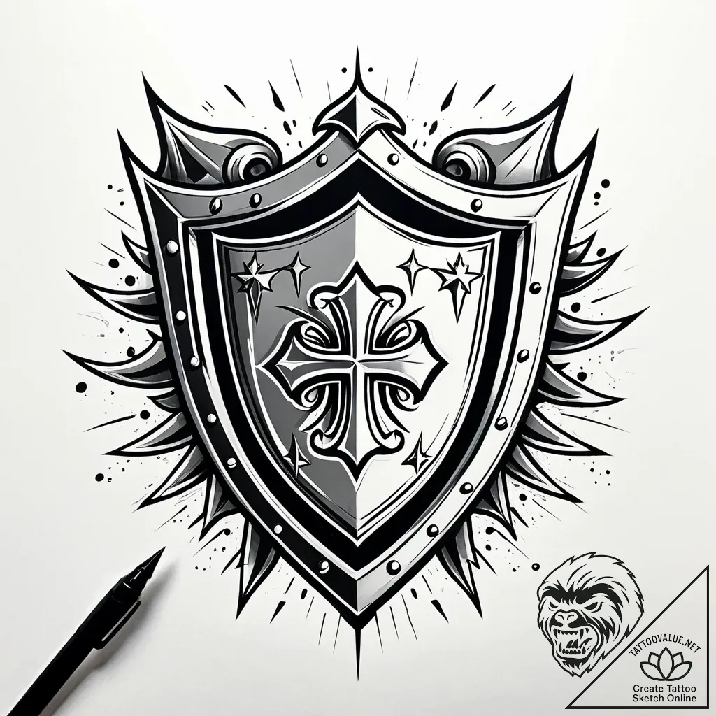Shield, bearing a simple, meaningful charge (... - style Jaeger Simple - tattoo sketch (13.11.2025 06:40)