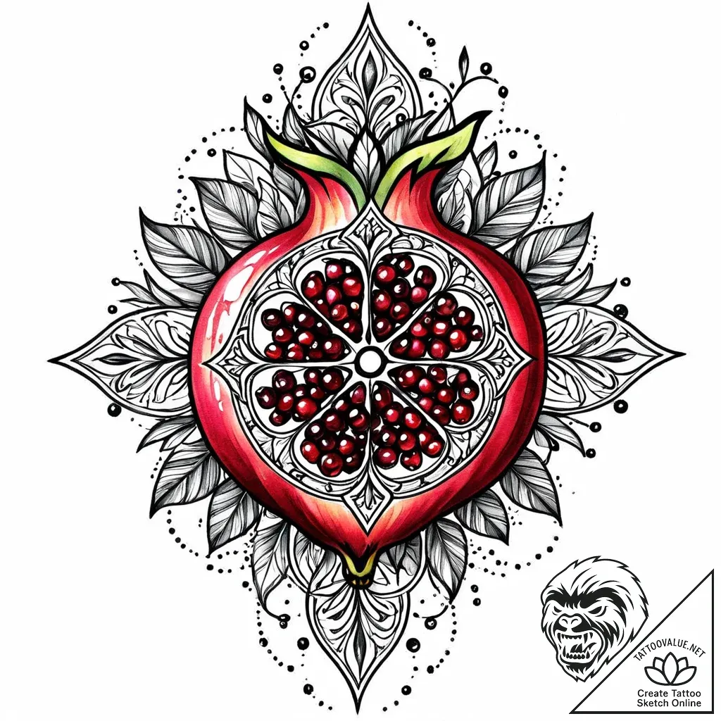 Garnet pomegranate, split open with glowing s... - style Jaeger Mini - tattoo sketch (13.11.2025 07:19)
