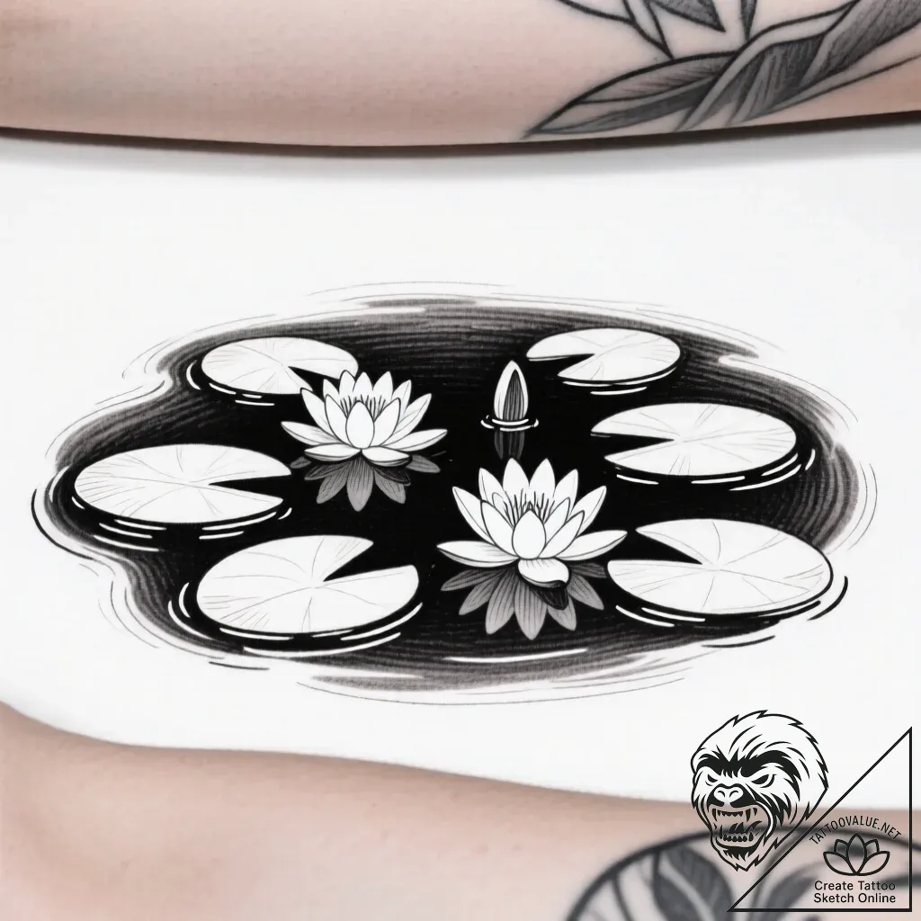 Tat tattoo sketch, tranquil lily pads with wh... - style Flux Inscriptions - tattoo sketch (13.11.2025 07:25)
