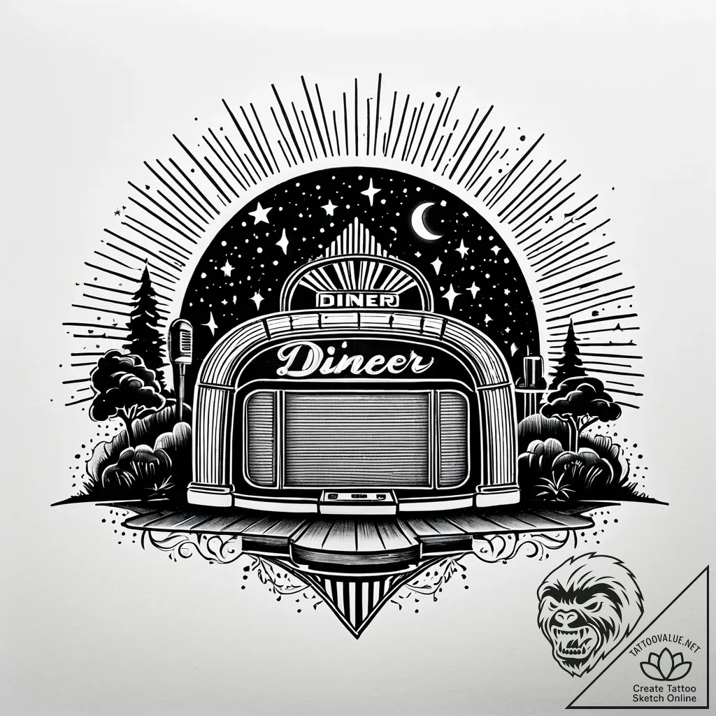 Tat tattoo sketch, retro diner sign glowing u... - style Jaeger Simple - tattoo sketch (13.11.2025 07:28)