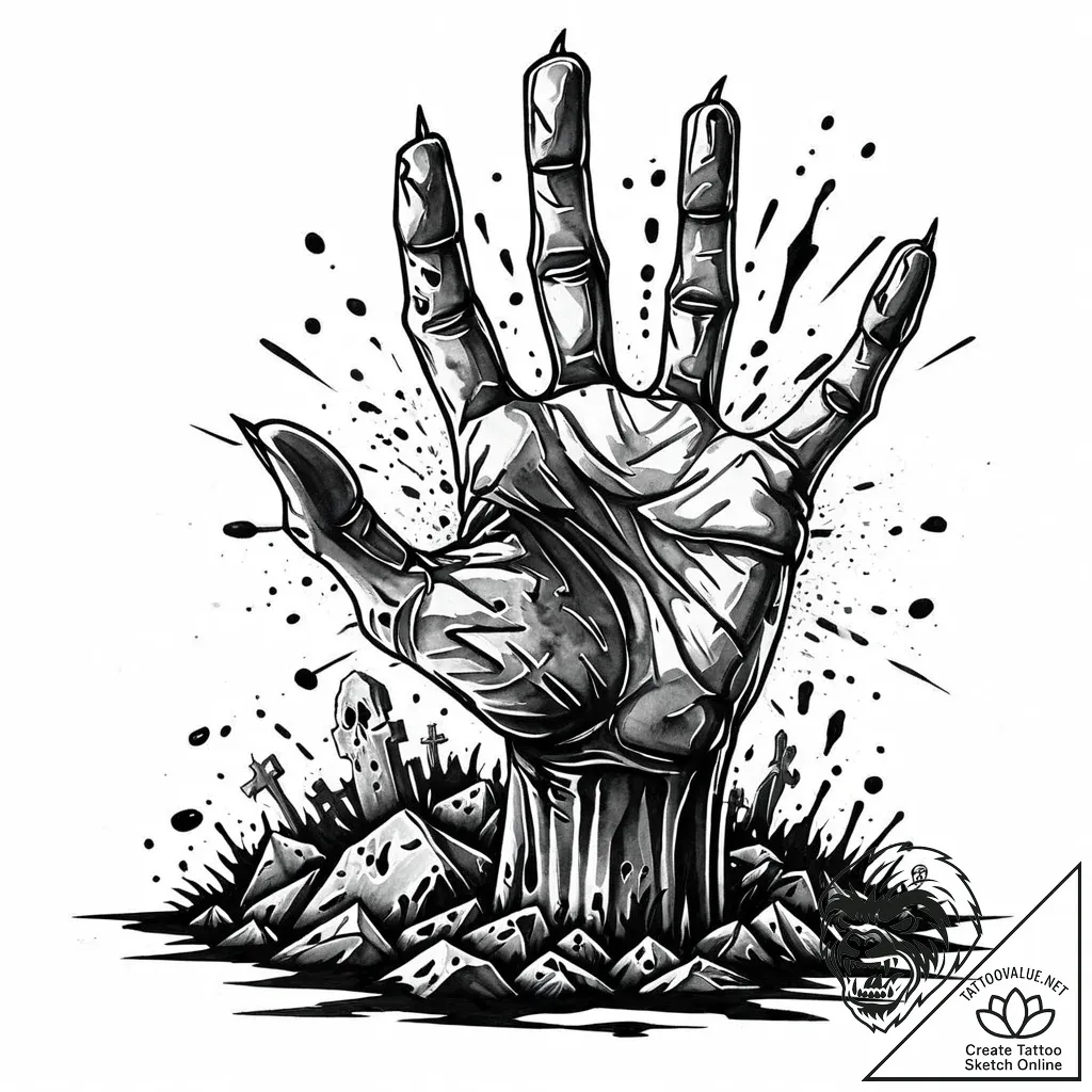 Zombie hand bursting from a grave, artistic t... - style Jaeger Mini - tattoo sketch (13.11.2025 07:31)