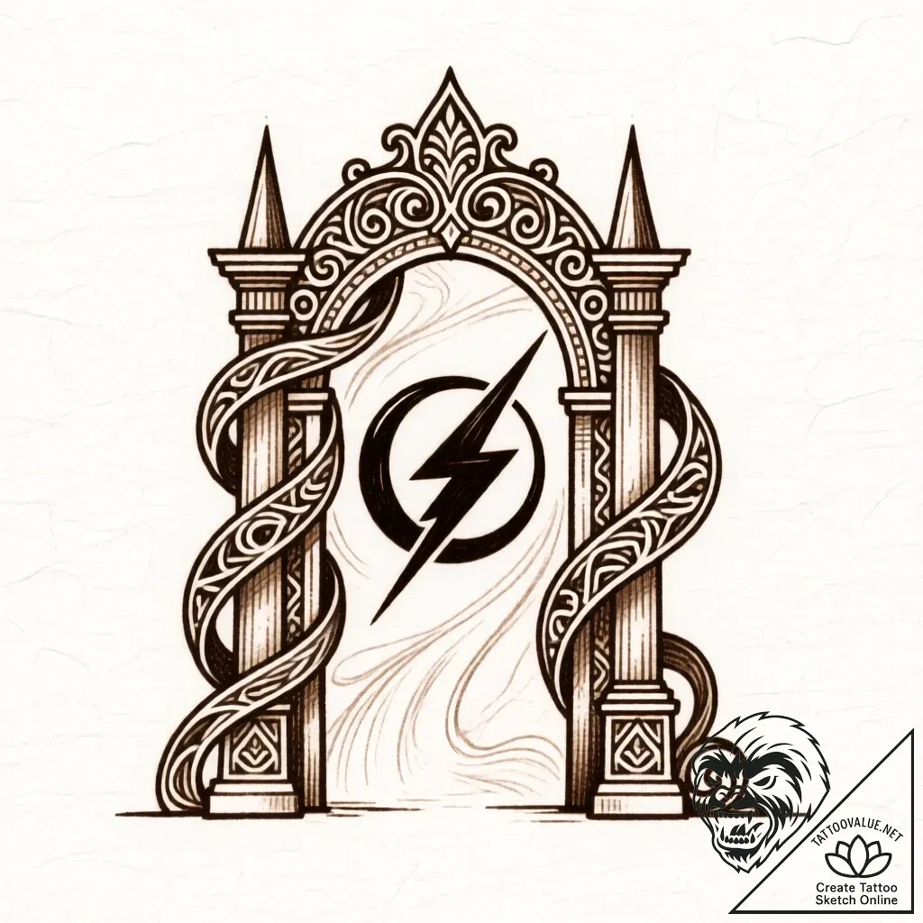 Quicksilver sigil beneath spectral gate, ink... - style Flux Inscriptions - tattoo sketch (13.11.2025 07:37)