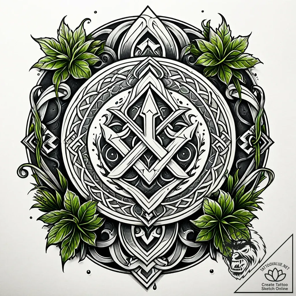 Rune-etched stone beneath moss, tattoo line a... - style Jaeger Simple - tattoo sketch (13.11.2025 07:40)