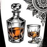 Decanter of fine whiskey with a single glass,… – style Flux Inscriptions – tattoo sketch (13.11.2025 08:01)