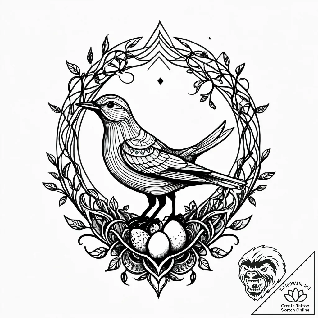 A whimsical bird in a nest with eggs, nurturi... - style Jagger Old - tattoo sketch (13.11.2025 08:22)