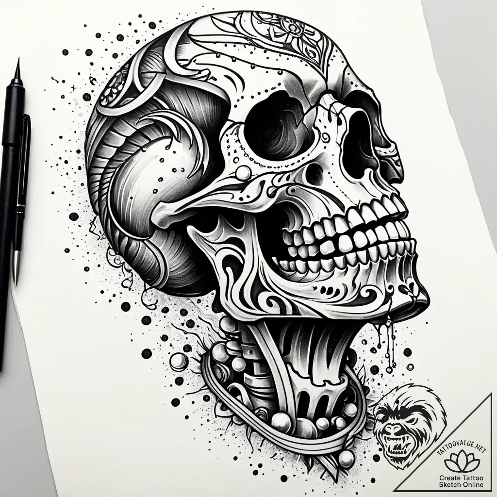 Pearls spilling from skeletal jaw, tattoo lin... - style Jaeger Simple - tattoo sketch (13.11.2025 08:24)