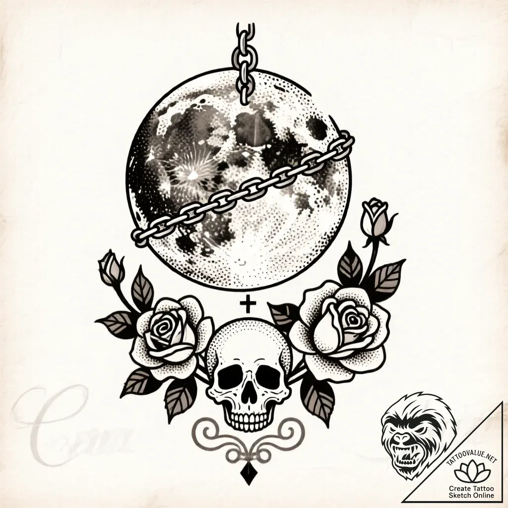 Etched chains holding moon fragment, artistic... - style Flux Inscriptions - tattoo sketch (13.11.2025 08:34)