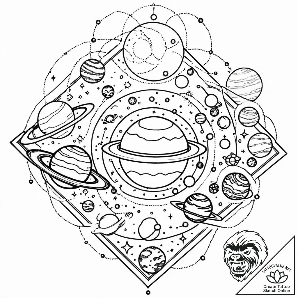 Parade of planets, tattoo sketch design, blac... - style Jaeger Mini - tattoo sketch (13.11.2025 08:52)