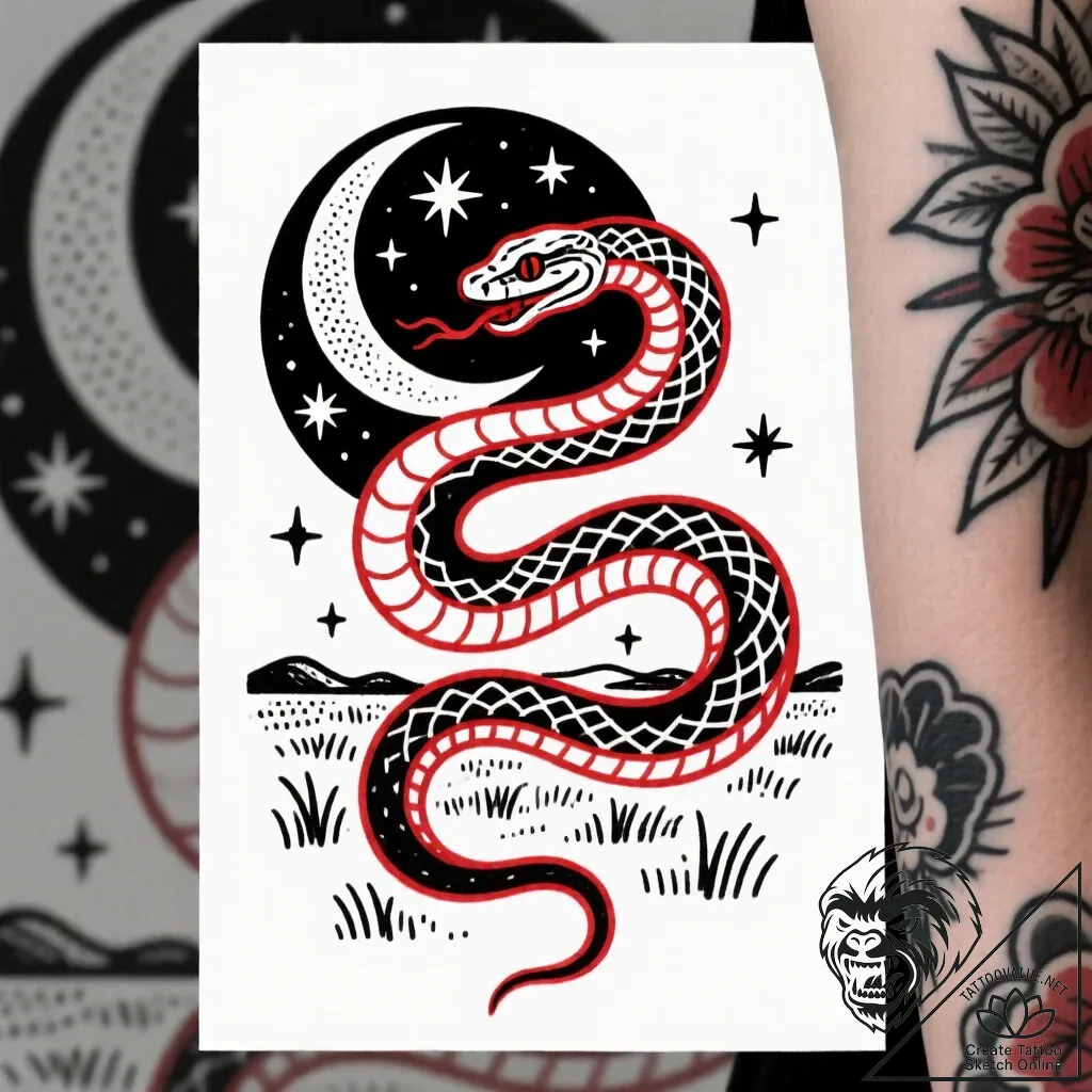 Moonlight serpent weaving through stars, tatt... - style Flux Inscriptions - tattoo sketch (13.11.2025 08:56)