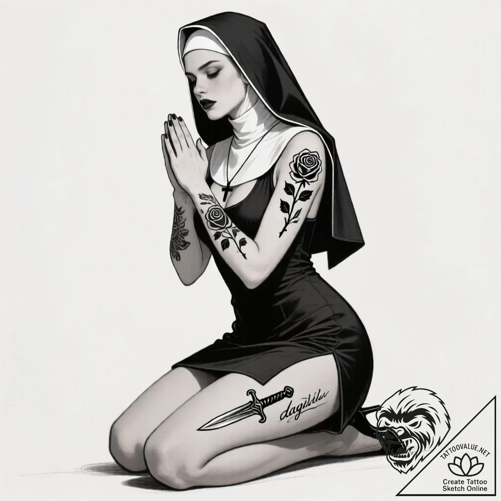 красивая девушка на коленях стоит в позе моля... - style Flux Inscriptions - tattoo sketch (13.11.2025 09:43)