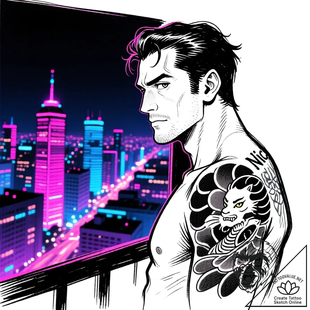 Tattoo sketch, nick with sly eyes and city li... - style Flux Inscriptions - tattoo sketch (13.11.2025 11:07)