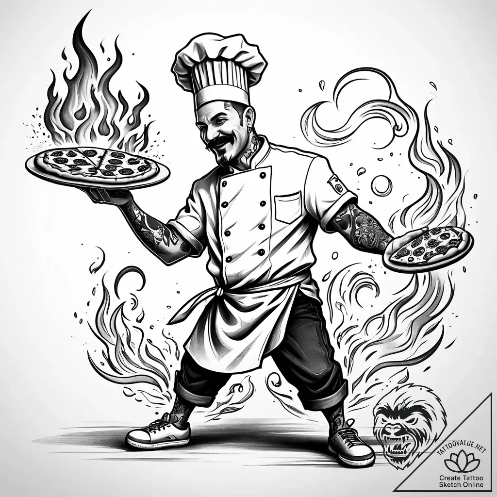 Tat tattoo sketch, chef tossing pizza dough m... - style Jaeger Simple - tattoo sketch (13.11.2025 11:12)