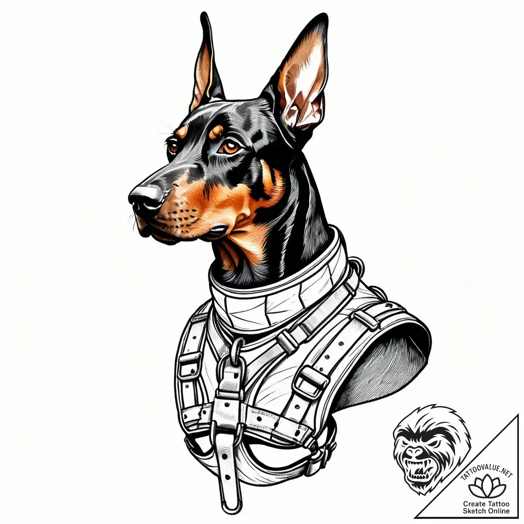 Doberman pinscher with a sleek, tactical harn... - style Jaeger Mini - tattoo sketch (13.11.2025 11:37)