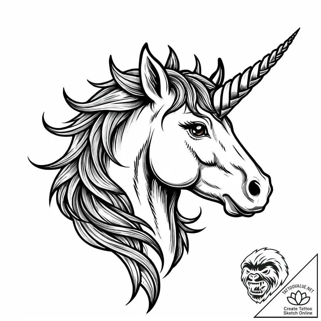 Unicorn whose horn is a twisted, iridescent d... - style Jaeger Mini - tattoo sketch (13.11.2025 12:17)