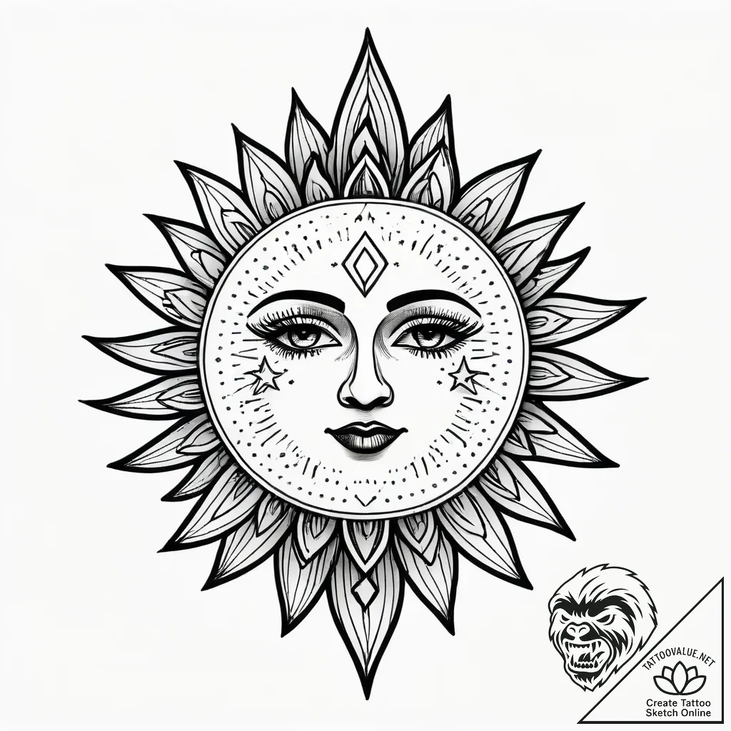 Sun and moon, concept art for tattoo, bold ou... - style Jagger Old - tattoo sketch (13.11.2025 12:22)