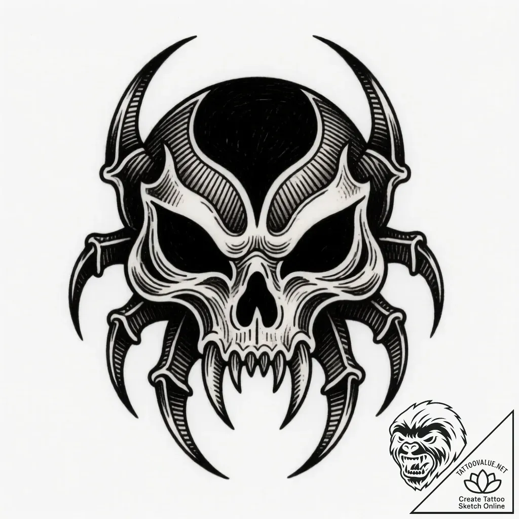 Clawed mask with empty eyes, tattoo line art,... - style Flux Inscriptions - tattoo sketch (13.11.2025 13:07)