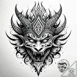 Rune-crowned mask devouring flame, tattoo lin… – style Jaeger Simple – tattoo sketch (13.11.2025 13:12)