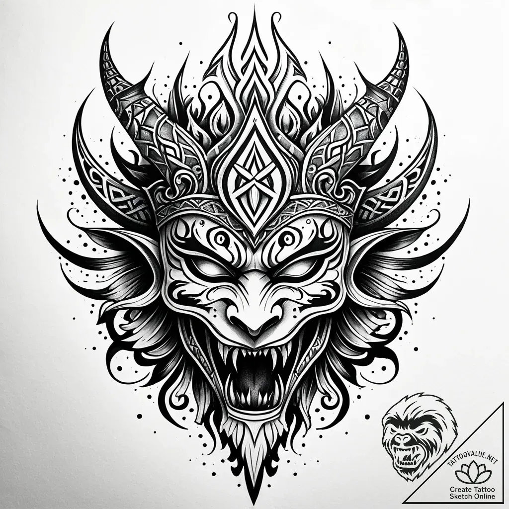 Rune-crowned mask devouring flame, tattoo lin... - style Jaeger Simple - tattoo sketch (13.11.2025 13:12)