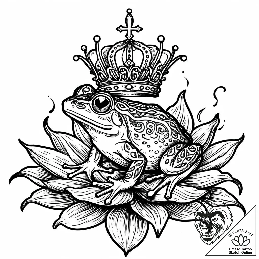 Frog sitting on a lily pad, wearing a tiny cr... - style Jaeger Mini - tattoo sketch (13.11.2025 13:37)