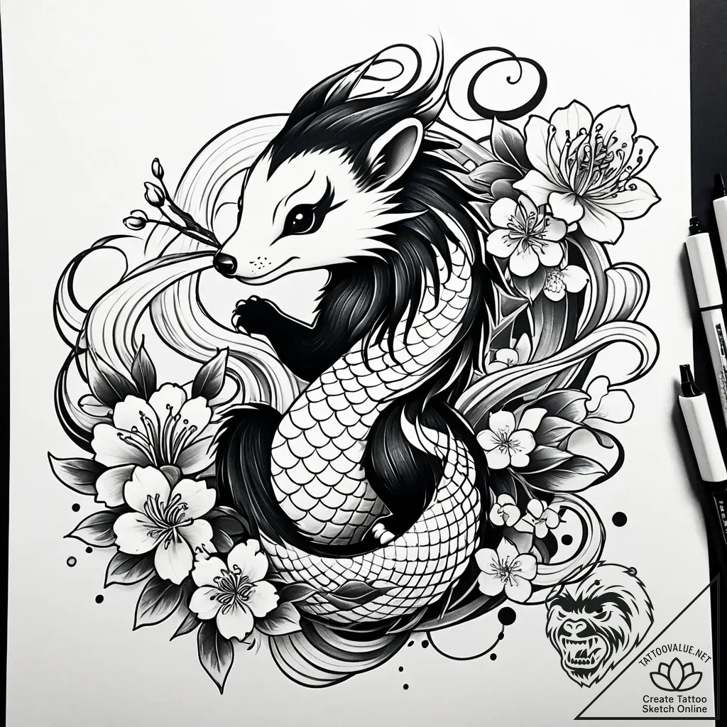 Tattoo sketch, flower the skunk surrounded by... - style Jaeger Simple - tattoo sketch (13.11.2025 14:52)