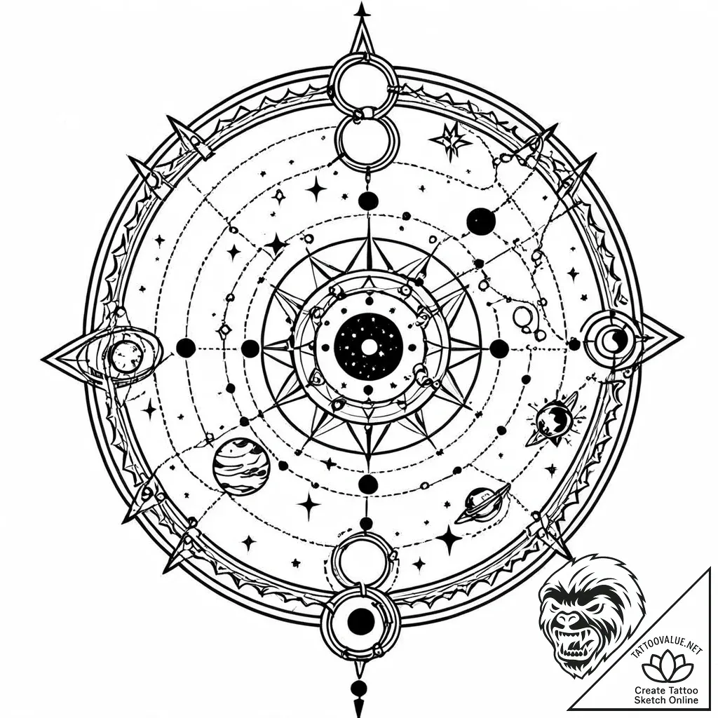 Astrolabe with constellations traced in delic... - style Jaeger Mini - tattoo sketch (13.11.2025 15:17)