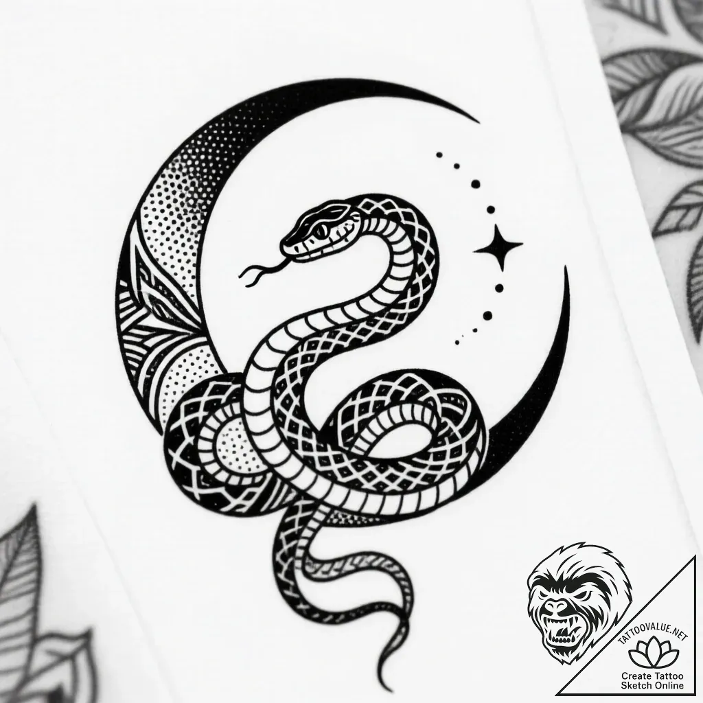Ethereal serpent entwining moon, tattoo flash... - style Flux Inscriptions - tattoo sketch (13.11.2025 15:47)