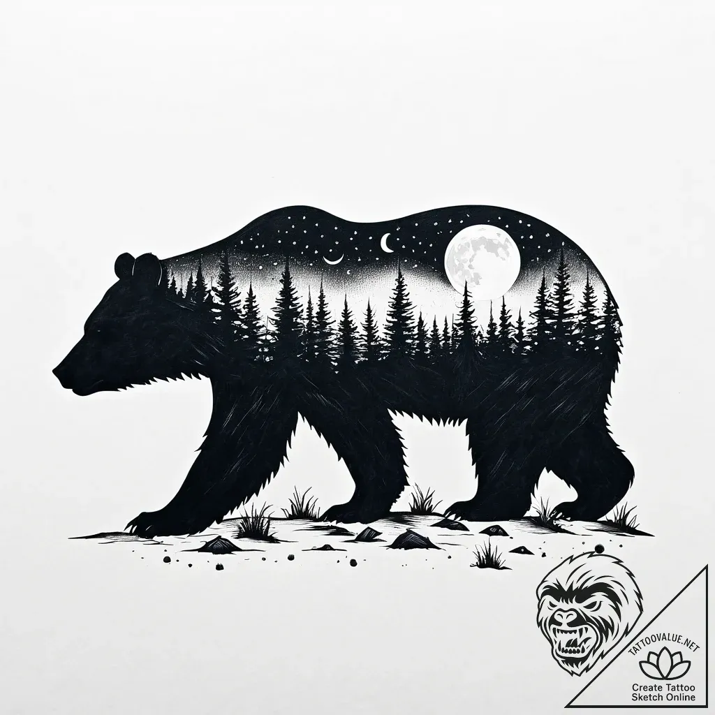 Tattoo sketch, bear silhouette with moonlight... - style Jaeger Mini - tattoo sketch (13.11.2025 16:17)