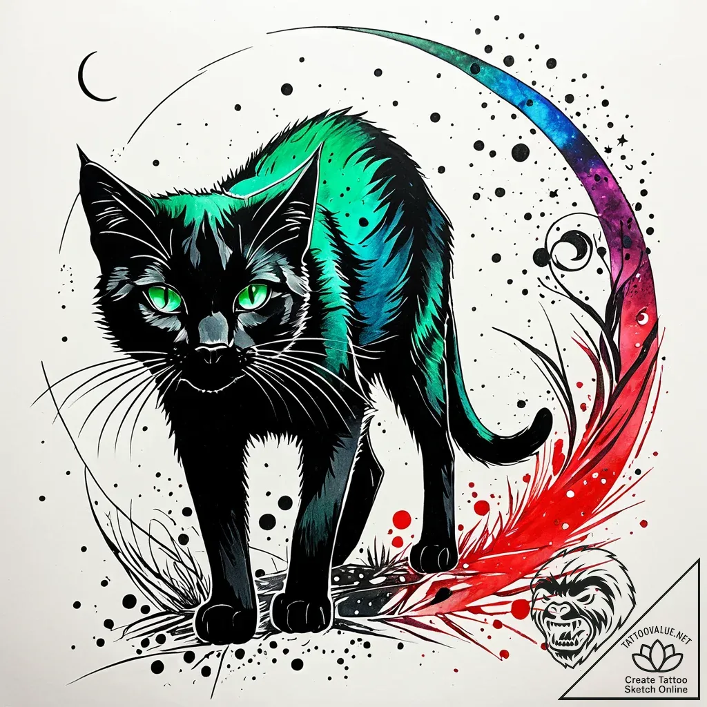 Tattoo sketch, sleek black cat with emerald e... - style Jaeger Simple - tattoo sketch (13.11.2025 16:52)