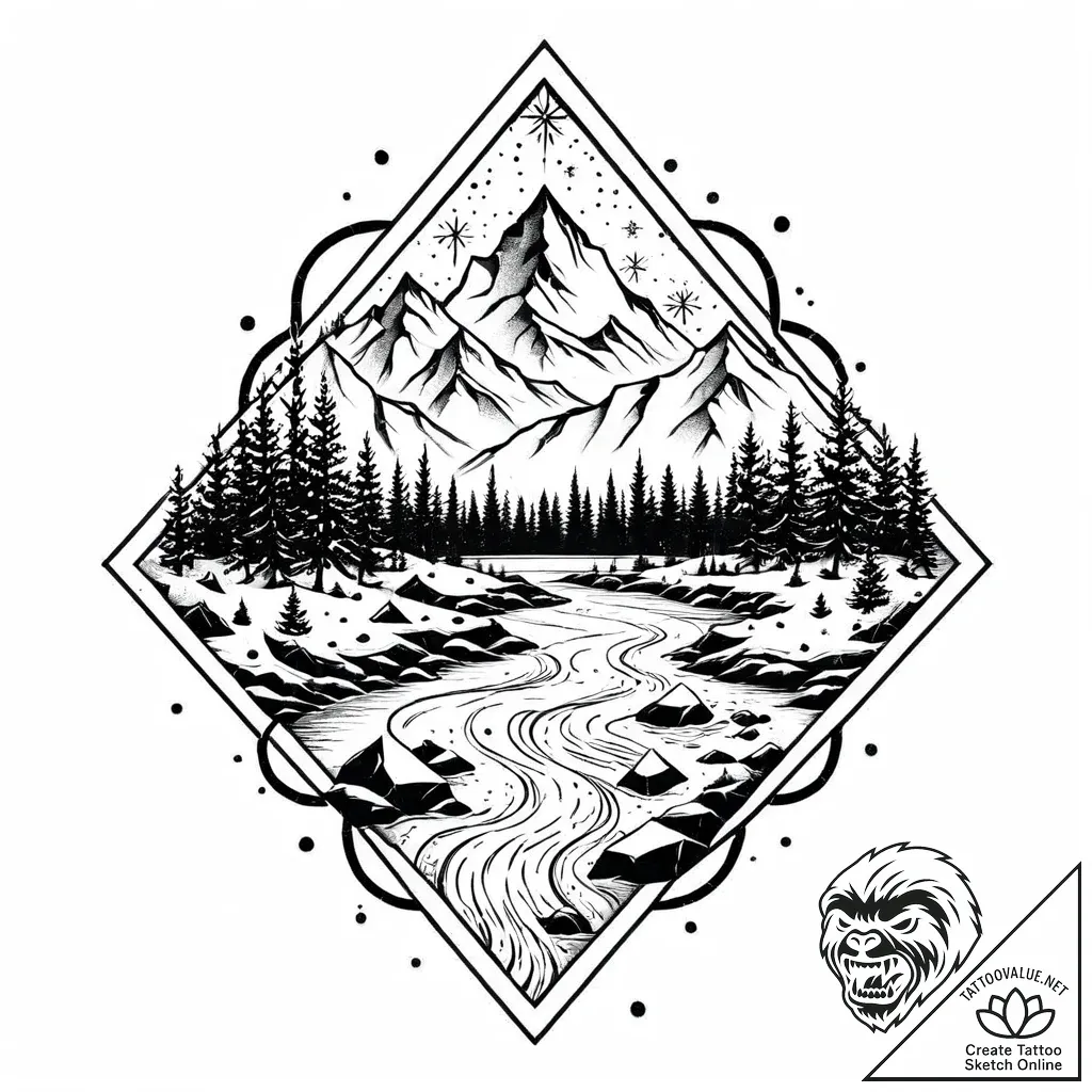 Engraved key beneath frozen river, ink illust... - style Jaeger Mini - tattoo sketch (13.11.2025 17:37)