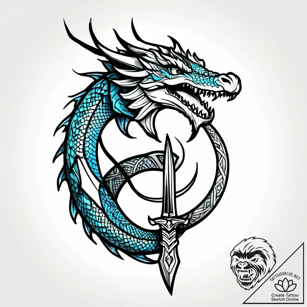 Dragon coil around broken sword, tattoo drawi... - style Jagger Old - tattoo sketch (13.11.2025 17:56)
