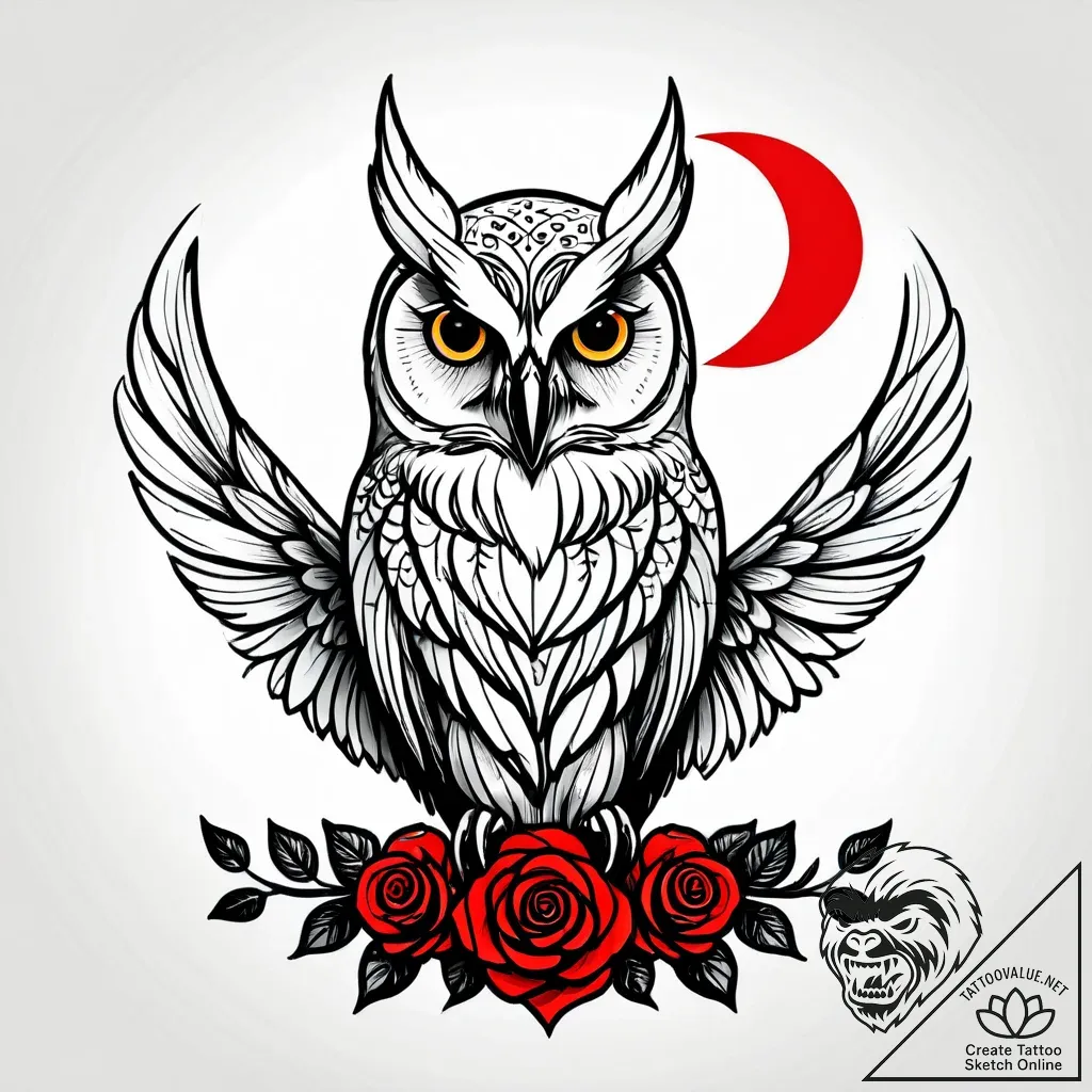 Owl feathers beneath crescent moon, tattoo sk... - style Jagger Old - tattoo sketch (13.11.2025 18:37)