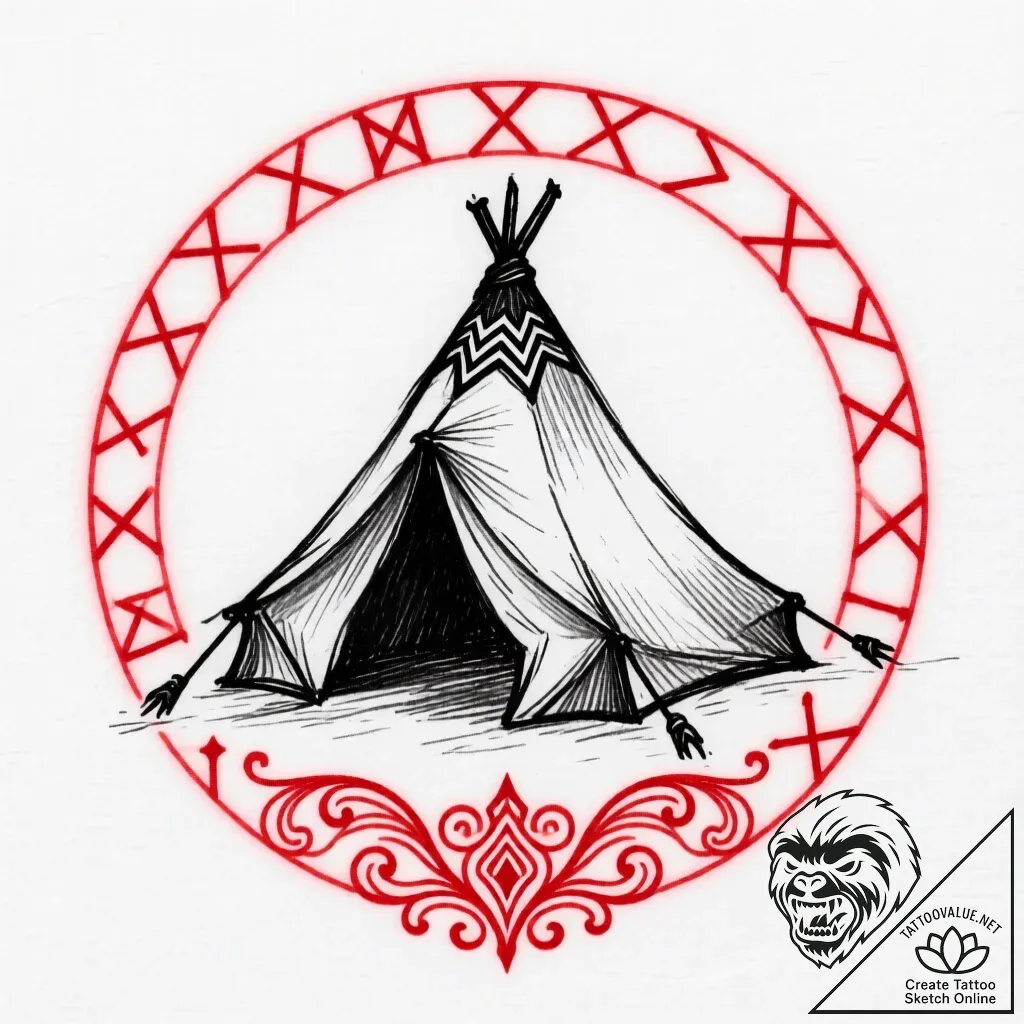 Orcish tent encircled by runes, tattoo drawin... - style Flux Inscriptions - tattoo sketch (13.11.2025 19:02)