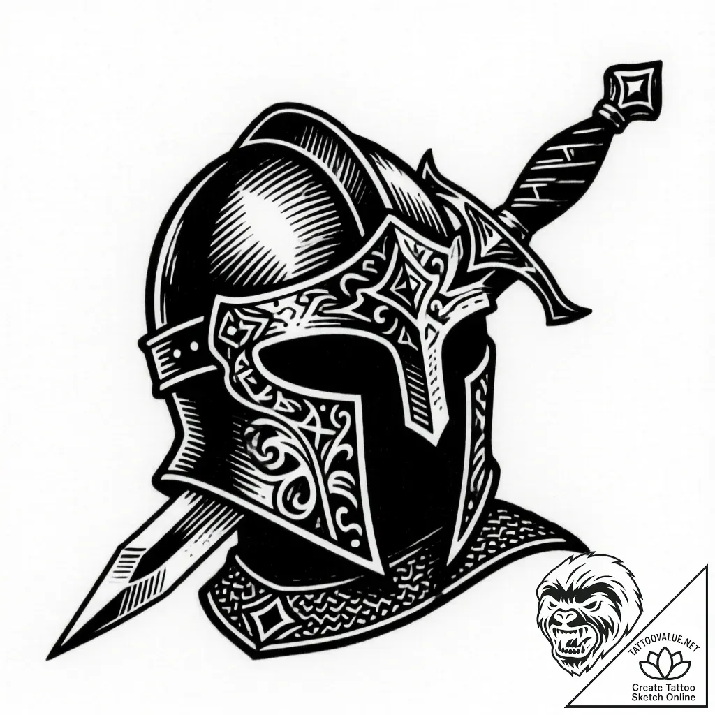 Etched helm pierced by dagger, tattoo line ar... - style Flux Inscriptions - tattoo sketch (13.11.2025 19:42)