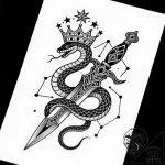 Serpent dagger crowned in stars, artistic tat… – style Flux Inscriptions – tattoo sketch (13.11.2025 20:02)