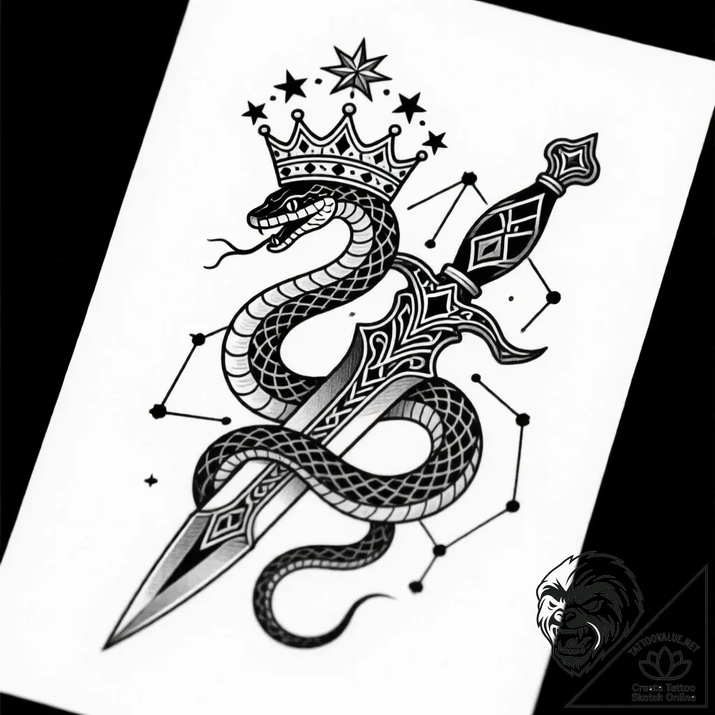 Serpent dagger crowned in stars, artistic tat... - style Flux Inscriptions - tattoo sketch (13.11.2025 20:02)