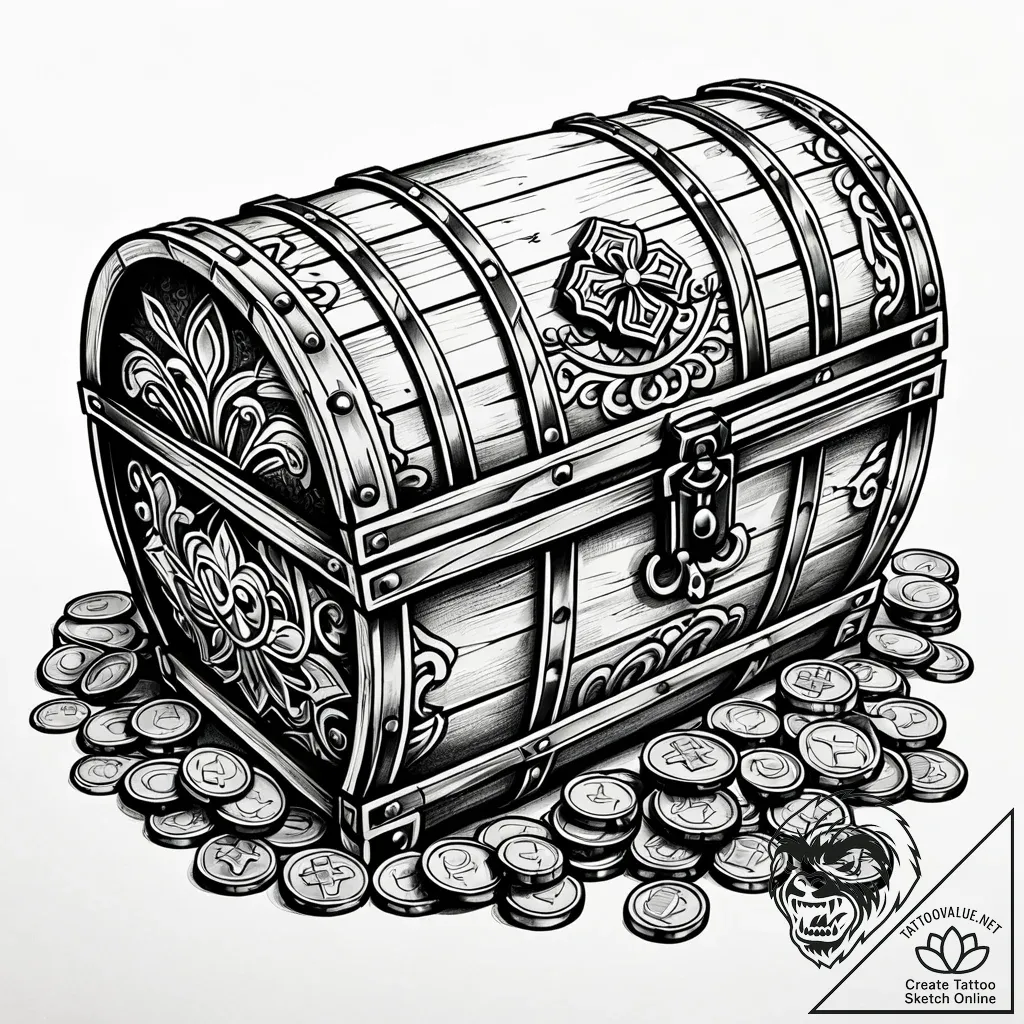 A detailed barrel full of coins, treasure che... - style Jaeger Simple - tattoo sketch (13.11.2025 20:26)