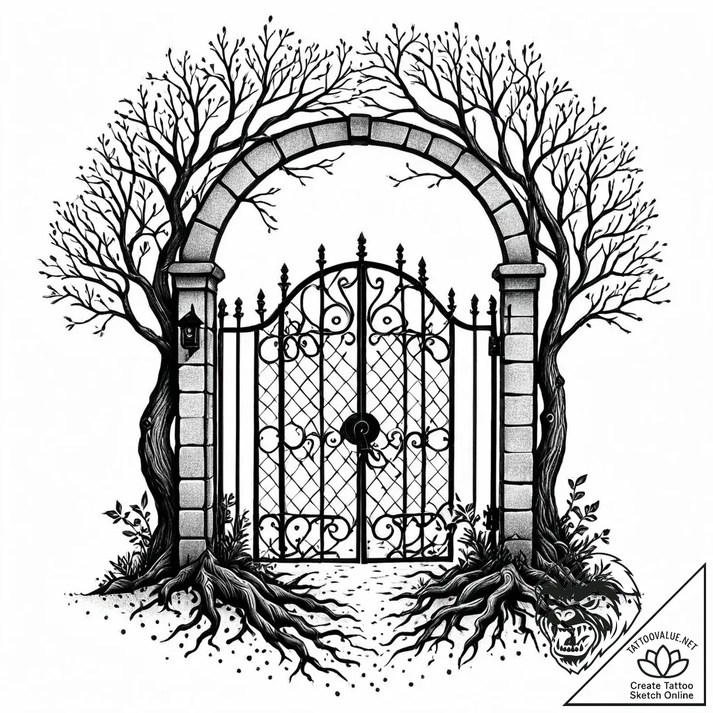Locked gate hidden in roots, tattoo flash she... - style Jaeger Mini - tattoo sketch (13.11.2025 20:31)