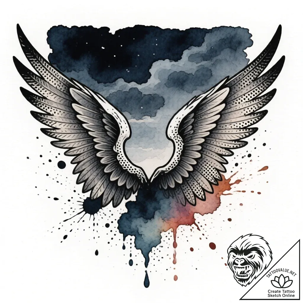 Nightfall wings beneath iron sky, tattoo sket... - style Flux Inscriptions - tattoo sketch (13.11.2025 21:02)