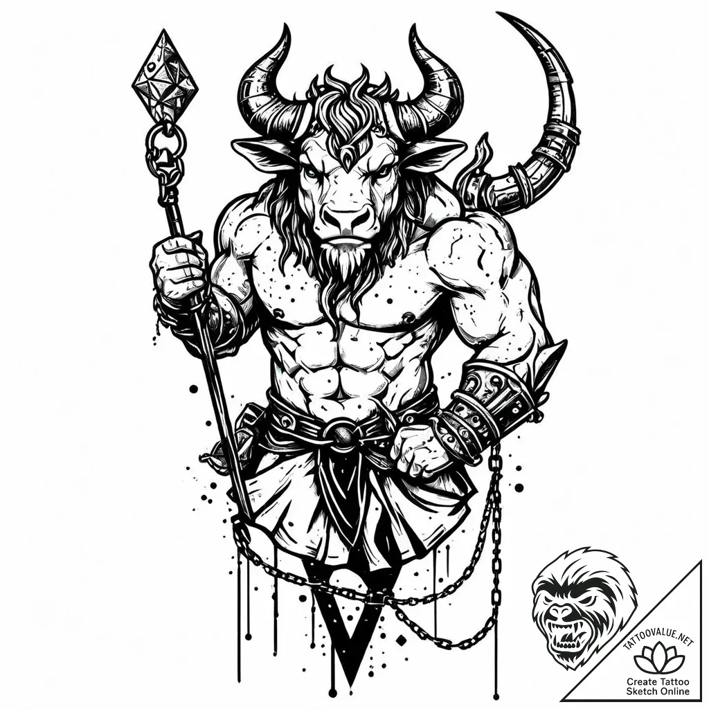 Minotaur staff wrapped in chains, tattoo line... - style Jaeger Mini - tattoo sketch (13.11.2025 21:11)
