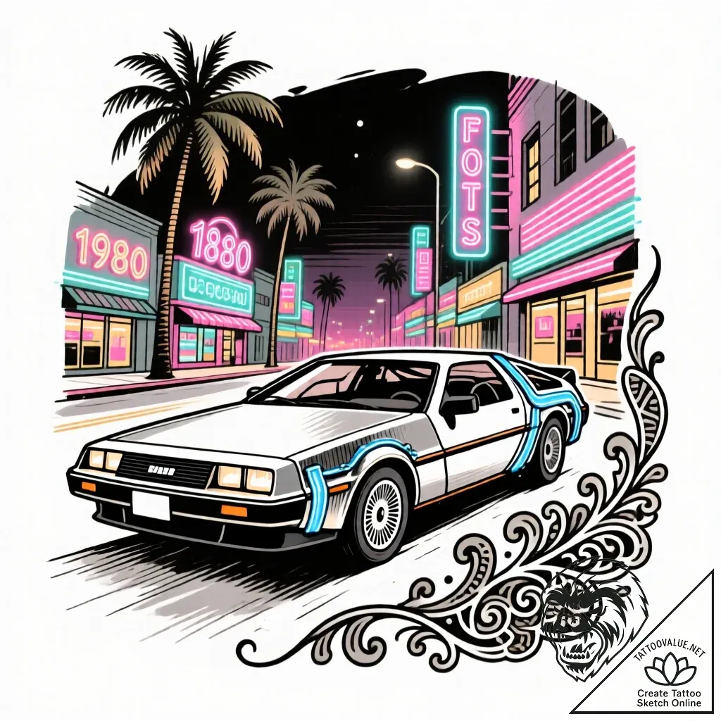 Tattoo sketch, retro classic car cruising dow... - style Flux Inscriptions - tattoo sketch (13.11.2025 22:02)