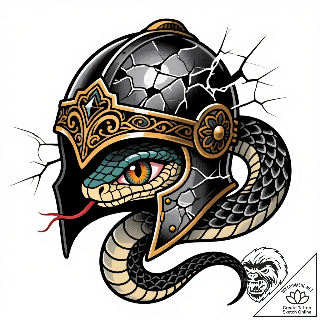 Serpent eye beneath shattered helm, ink illus... - style Flux Inscriptions - tattoo sketch (13.11.2025 22:22)