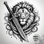 Lion tail coiled around dagger, ink illustrat… – style Jaeger Simple – tattoo sketch (13.11.2025 22:27)
