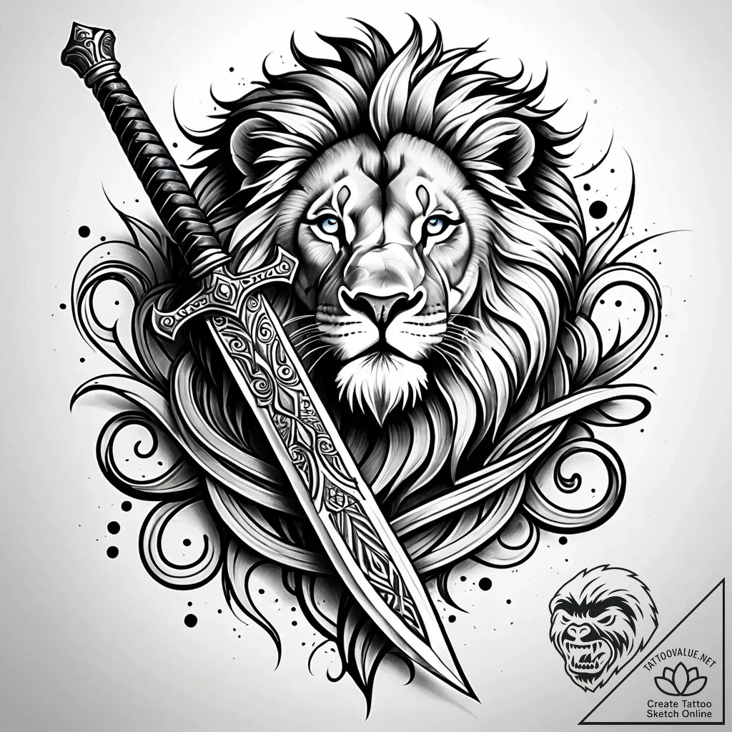 Lion tail coiled around dagger, ink illustrat... - style Jaeger Simple - tattoo sketch (13.11.2025 22:27)