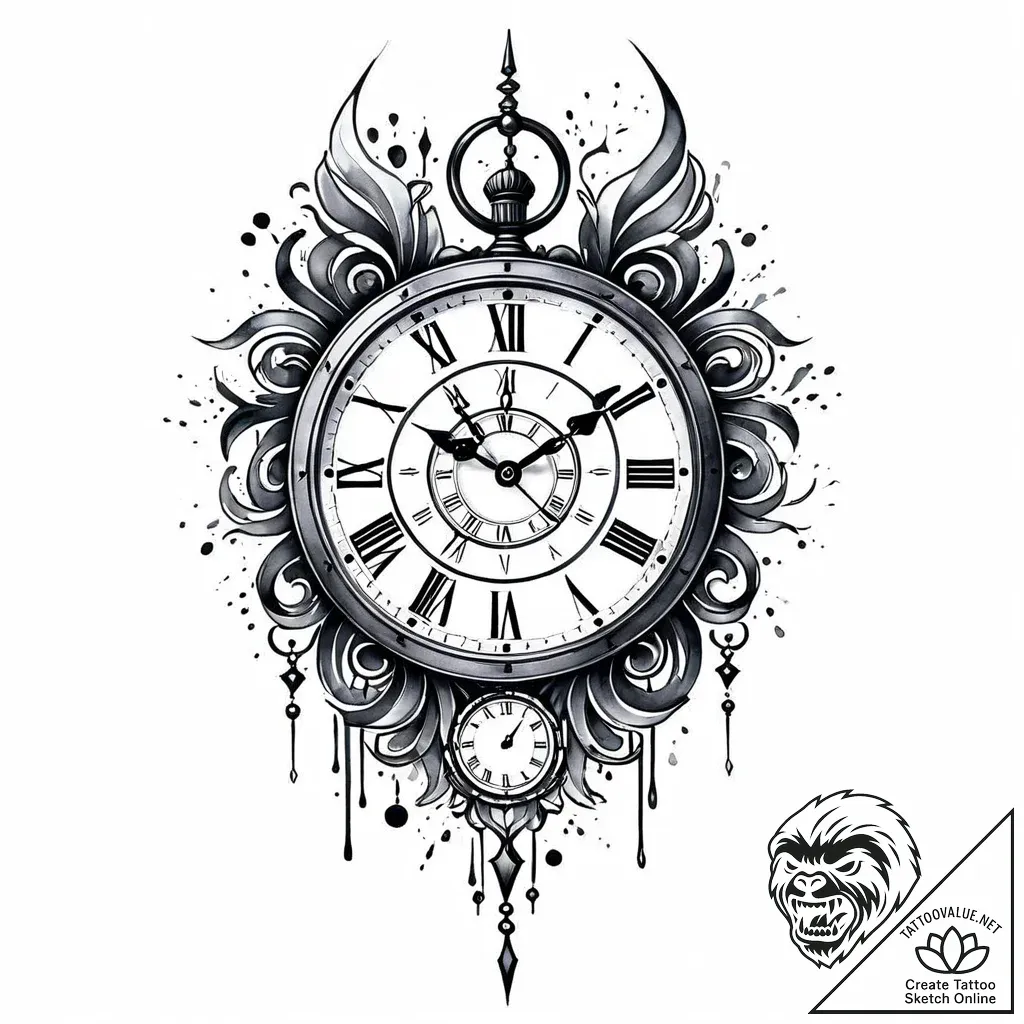 Clock face with spectral hands, concept art f... - style Jaeger Mini - tattoo sketch (13.11.2025 22:31)