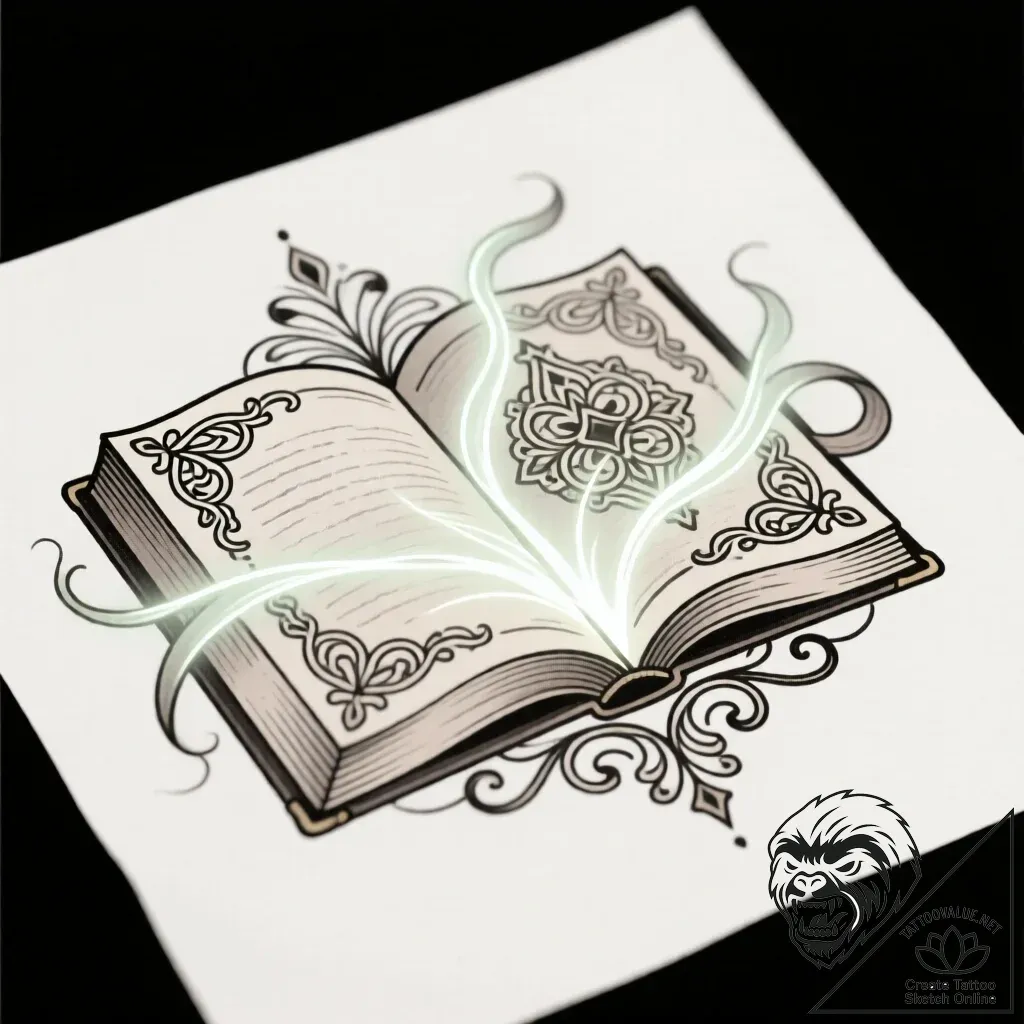 Animated book with spectral pages, tattoo lin... - style Flux Inscriptions - tattoo sketch (13.11.2025 23:22)