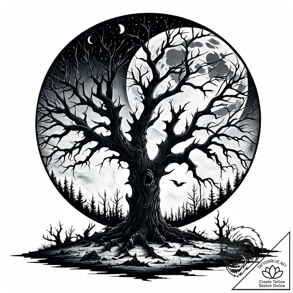 A gnarled, dead tree against a full moon - style Jaeger Mini - tattoo sketch (13.11.2025 23:31)