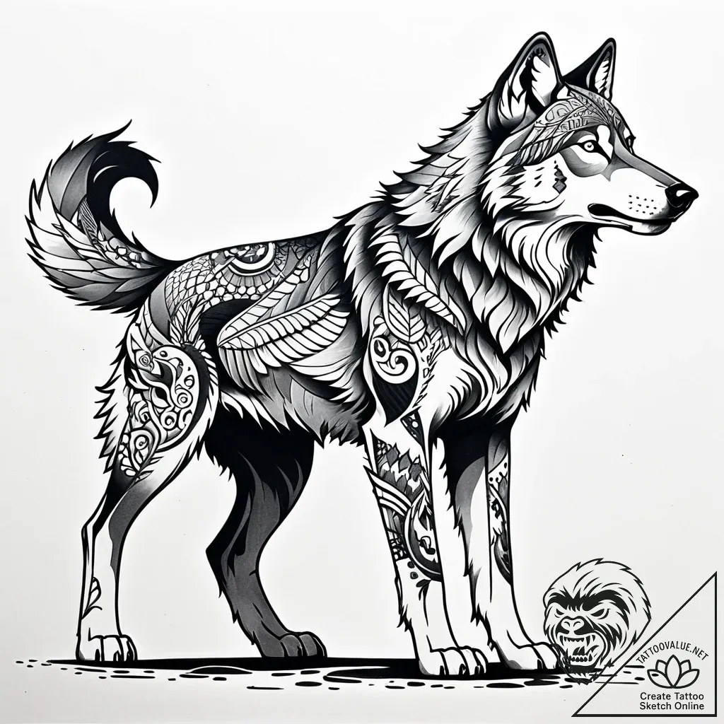 Animated wolf lunging from shadows, ink illus... - style Jaeger Simple - tattoo sketch (14.11.2025 00:27)