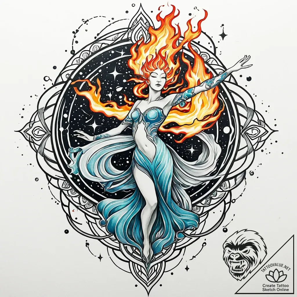 Tat tattoo sketch, fire and water spirits dan... - style Jaeger Mini - tattoo sketch (14.11.2025 00:32)